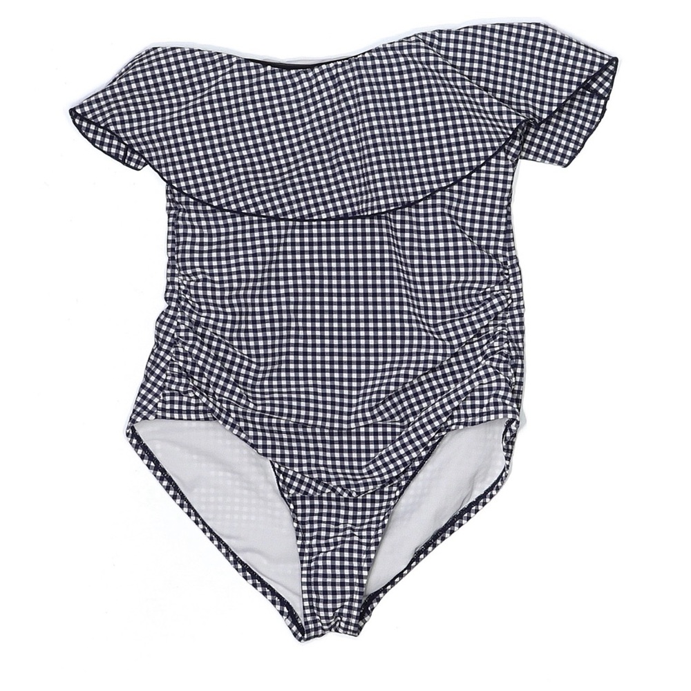 Navy Gingham Strapless One Piece Swimsuit | Ruffle Top | Plus Size